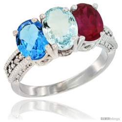 14K White Gold Natural Swiss Blue Topaz, Aquamarine & Ruby Ring 3-Stone 7x5 mm Oval Diamond Accent