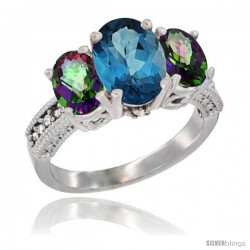 10K White Gold Ladies Natural London Blue Topaz Oval 3 Stone Ring with Mystic Topaz Sides Diamond Accent