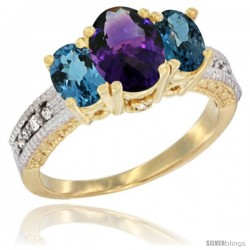 14k Yellow Gold Ladies Oval Natural Amethyst 3-Stone Ring with London Blue Topaz Sides Diamond Accent