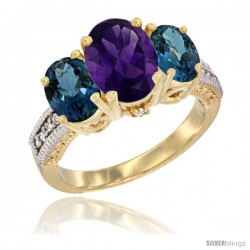 14K Yellow Gold Ladies 3-Stone Oval Natural Amethyst Ring with London Blue Topaz Sides Diamond Accent