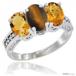 14K White Gold Natural Citrine, Tiger Eye & Whisky Quartz Ring 3-Stone 7x5 mm Oval Diamond Accent