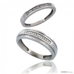 10k White Gold 2-Piece His (6mm) & Hers (2.5mm) Diamond Wedding Band Set, w/ 0.10 Carat Brilliant Cut Diamonds