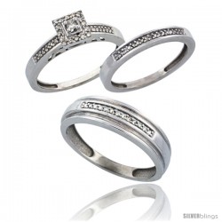 10k White Gold 3-Piece Trio His (6mm) & Hers (2.5mm) Diamond Wedding Band Set, w/ 0.33 Carat Brilliant Cut Diamonds