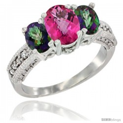 10K White Gold Ladies Oval Natural Pink Topaz 3-Stone Ring with Mystic Topaz Sides Diamond Accent