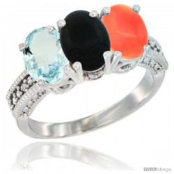 14K White Gold Natural Aquamarine, Black Onyx & Coral Ring 3-Stone Oval 7x5 mm Diamond Accent