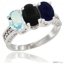 14K White Gold Natural Aquamarine, Black Onyx & Lapis Ring 3-Stone Oval 7x5 mm Diamond Accent