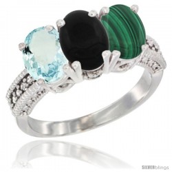 14K White Gold Natural Aquamarine, Black Onyx & Malachite Ring 3-Stone Oval 7x5 mm Diamond Accent