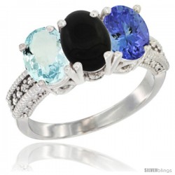 14K White Gold Natural Aquamarine, Black Onyx & Tanzanite Ring 3-Stone Oval 7x5 mm Diamond Accent