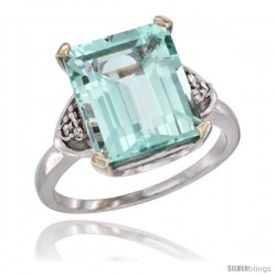 14k White Gold Ladies Natural Aquamarine Ring Emerald-shape 12x10 Stone Diamond Accent