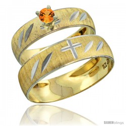 10k Gold 2-Piece 0.25 Carat Orange Sapphire Ring Set (Engagement Ring & Man's Wedding Band) Diamond-cut Pattern -Style 10y504em