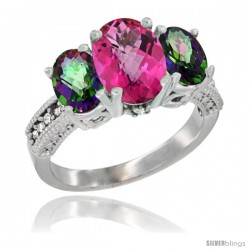 10K White Gold Ladies Natural Pink Topaz Oval 3 Stone Ring with Mystic Topaz Sides Diamond Accent