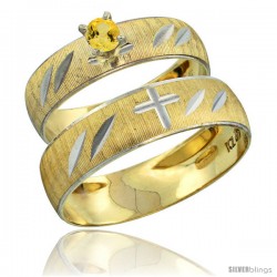 10k Gold 2-Piece 0.25 Carat Yellow Sapphire Ring Set (Engagement Ring & Man's Wedding Band) Diamond-cut Pattern -Style 10y504em