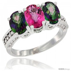 10K White Gold Natural Pink Topaz & Mystic Topaz Sides Ring 3-Stone Oval 7x5 mm Diamond Accent