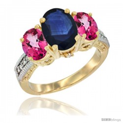 10K Yellow Gold Ladies 3-Stone Oval Natural Blue Sapphire Ring with Pink Topaz Sides Diamond Accent