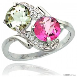 14k White Gold ( 7 mm ) Double Stone Engagement Green Amethyst & Pink Topaz Ring w/ 0.05 Carat Brilliant Cut Diamonds & 2.34