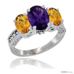 10K White Gold Ladies Natural Amethyst Oval 3 Stone Ring with Whisky Quartz Sides Diamond Accent