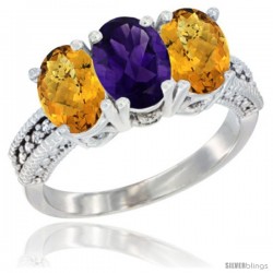 10K White Gold Natural Amethyst & Whisky Quartz Sides Ring 3-Stone Oval 7x5 mm Diamond Accent