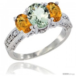 10K White Gold Ladies Oval Natural Green Amethyst 3-Stone Ring with Whisky Quartz Sides Diamond Accent