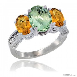 10K White Gold Ladies Natural Green Amethyst Oval 3 Stone Ring with Whisky Quartz Sides Diamond Accent