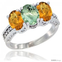 10K White Gold Natural Green Amethyst & Whisky Quartz Sides Ring 3-Stone Oval 7x5 mm Diamond Accent