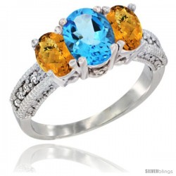 10K White Gold Ladies Oval Natural Swiss Blue Topaz 3-Stone Ring with Whisky Quartz Sides Diamond Accent