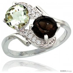 14k White Gold ( 7 mm ) Double Stone Engagement Green Amethyst & Smoky Topaz Ring w/ 0.05 Carat Brilliant Cut Diamonds & 2.34