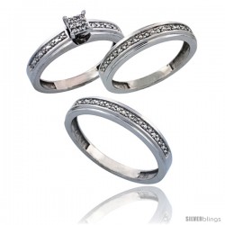 10k White Gold 3-Piece Trio His (4mm) & Hers (4mm) Diamond Wedding Band Set, w/ 0.29 Carat Brilliant Cut Diamonds