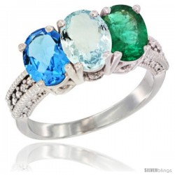 14K White Gold Natural Swiss Blue Topaz, Aquamarine & Emerald Ring 3-Stone 7x5 mm Oval Diamond Accent