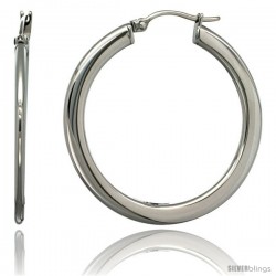 Surgical Steel Silver Dollar Hoop Earrings Mirror Finish 4 mm Flat tube, feather weigh