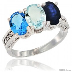 14K White Gold Natural Swiss Blue Topaz, Aquamarine & Blue Sapphire Ring 3-Stone 7x5 mm Oval Diamond Accent