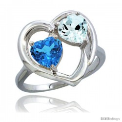 14k White Gold 2-Stone Heart Ring 6mm Natural Swiss Blue & Aquamarine Diamond Accent