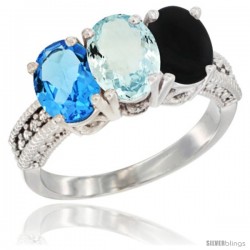 14K White Gold Natural Swiss Blue Topaz, Aquamarine & Black Onyx Ring 3-Stone 7x5 mm Oval Diamond Accent