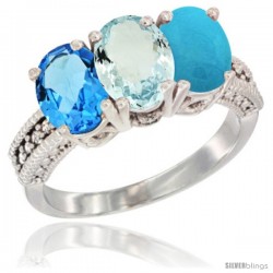 14K White Gold Natural Swiss Blue Topaz, Aquamarine & Turquoise Ring 3-Stone 7x5 mm Oval Diamond Accent