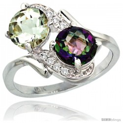 14k White Gold ( 7 mm ) Double Stone Engagement Green Amethyst & Mystic Topaz Ring w/ 0.05 Carat Brilliant Cut Diamonds & 2.34