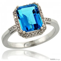 14k White Gold Diamond Swiss Blue Topaz Ring 2.53 ct Emerald Shape 9x7 mm, 1/2 in wide