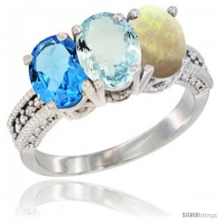 14K White Gold Natural Swiss Blue Topaz, Aquamarine & Opal Ring 3-Stone 7x5 mm Oval Diamond Accent