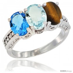 14K White Gold Natural Swiss Blue Topaz, Aquamarine & Tiger Eye Ring 3-Stone 7x5 mm Oval Diamond Accent