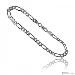 Sterling Silver Italian Figaro Chain Necklaces & Bracelets 5.5mm Pave diamond cut Beveled Edges Nickel Free