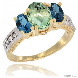 14k Yellow Gold Ladies Oval Natural Green Amethyst 3-Stone Ring with London Blue Topaz Sides Diamond Accent