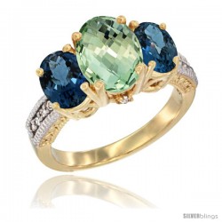 14K Yellow Gold Ladies 3-Stone Oval Natural Green Amethyst Ring with London Blue Topaz Sides Diamond Accent