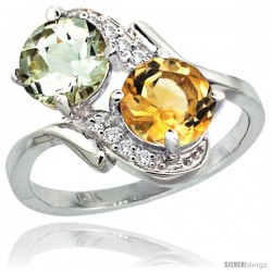 14k White Gold ( 7 mm ) Double Stone Engagement Green Amethyst & Citrine Ring w/ 0.05 Carat Brilliant Cut Diamonds & 2.34