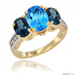 14K Yellow Gold Ladies 3-Stone Oval Natural Swiss Blue Topaz Ring with London Blue Topaz Sides Diamond Accent