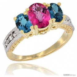 14k Yellow Gold Ladies Oval Natural Pink Topaz 3-Stone Ring with London Blue Topaz Sides Diamond Accent