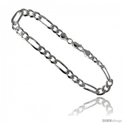 Sterling Silver Italian Figaro Chain Necklaces & Bracelets 6.6mm Pave diamond cut Beveled Edges Nickel Free