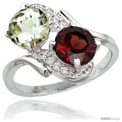 14k White Gold ( 7 mm ) Double Stone Engagement Green Amethyst & Garnet Ring w/ 0.05 Carat Brilliant Cut Diamonds & 2.34 Carats