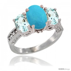 14K White Gold Ladies 3-Stone Oval Natural Turquoise Ring with Aquamarine Sides Diamond Accent