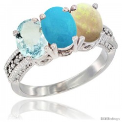 14K White Gold Natural Aquamarine, Turquoise & Opal Ring 3-Stone Oval 7x5 mm Diamond Accent