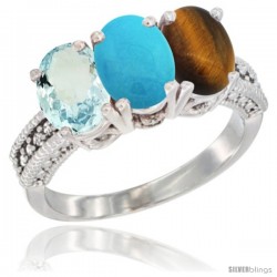 14K White Gold Natural Aquamarine, Turquoise & Tiger Eye Ring 3-Stone Oval 7x5 mm Diamond Accent