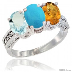 14K White Gold Natural Aquamarine, Turquoise & Whisky Quartz Ring 3-Stone Oval 7x5 mm Diamond Accent