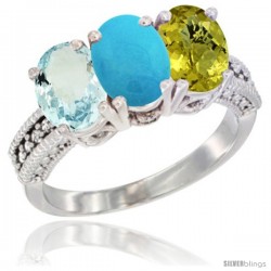 14K White Gold Natural Aquamarine, Turquoise & Lemon Quartz Ring 3-Stone Oval 7x5 mm Diamond Accent